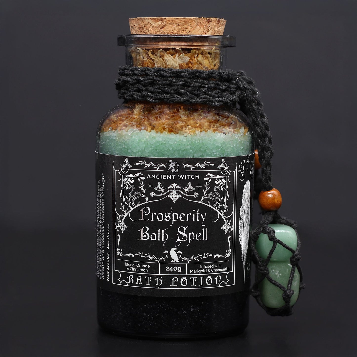 Ancient Witch Bath Spell Potion – citrus botanical bath salts with aventurine crystal amulet for prosperity and abundance