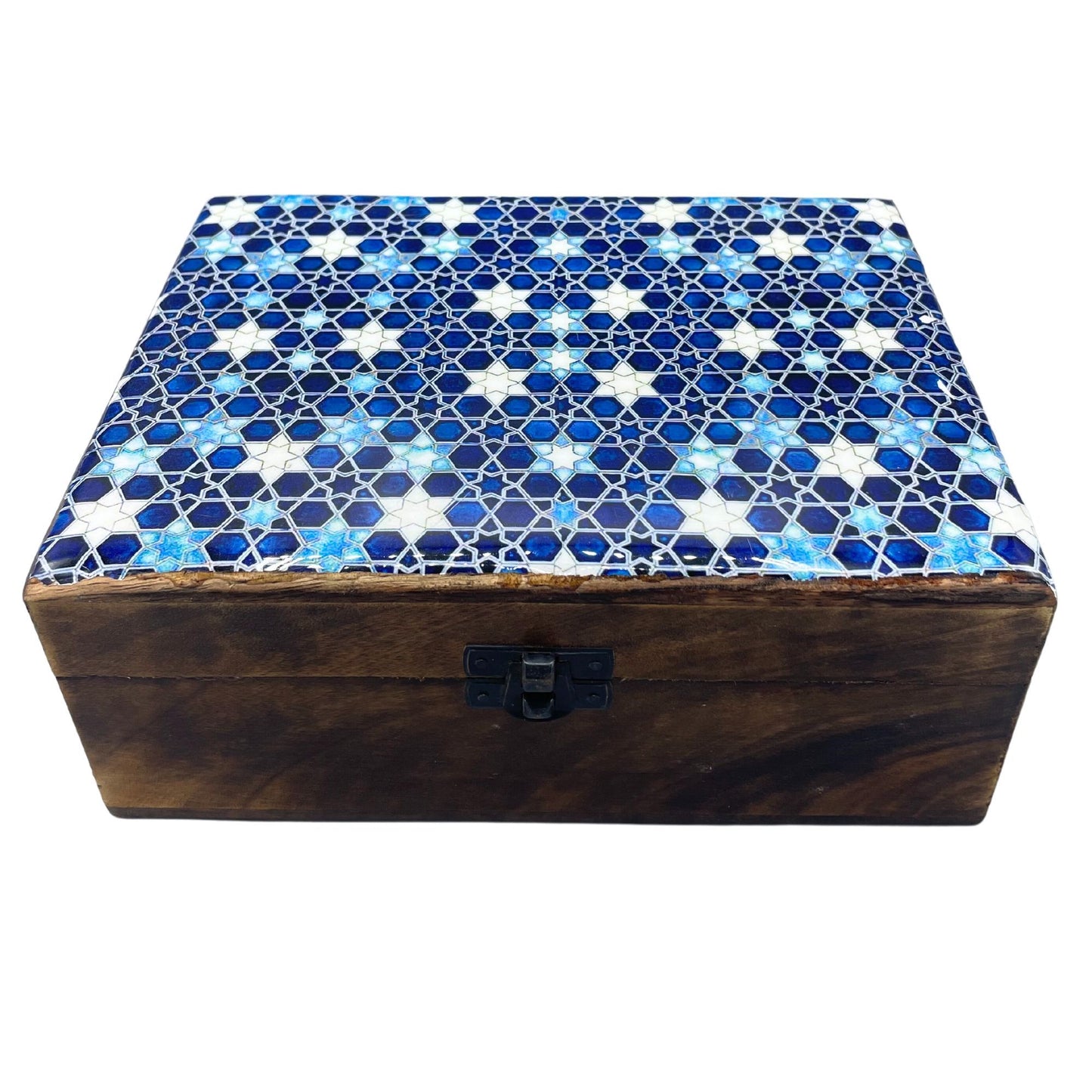 Large handcrafted mango wood storage box with a blue stars glazed ceramic lid.