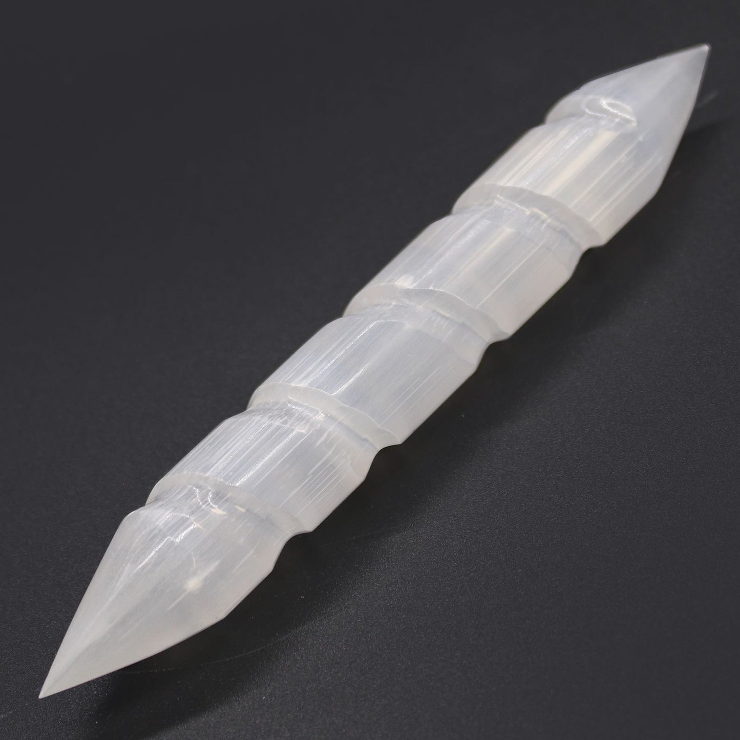 Selenite Spiral Wand Pointed Ends 16 cm — white translucent crystal energy tool for cleansing and ritual use”
