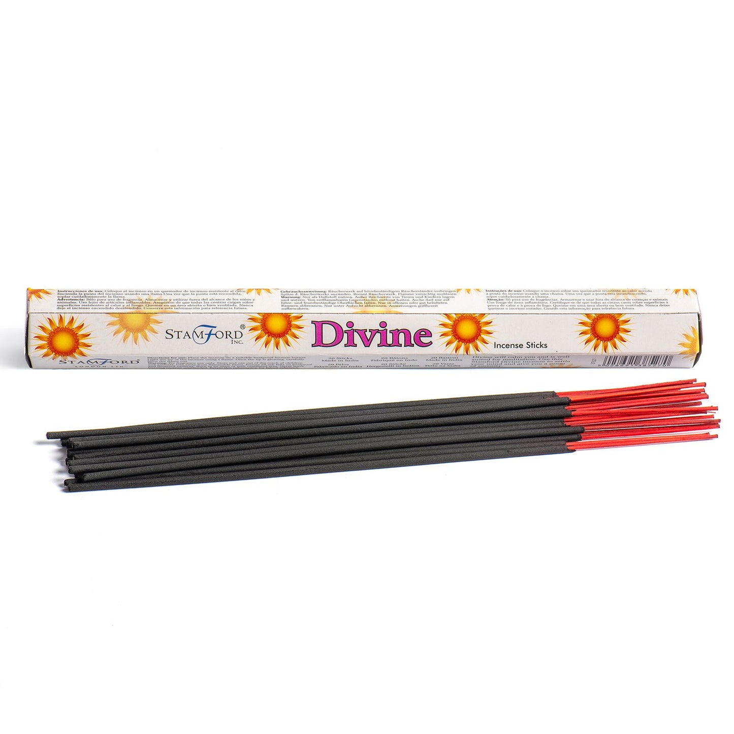 Box of incense sticks resting behind a neat bundle of black sticks with red tips on a white surface; box text: Divine; STAMFORD INC.; Incense Sticks; other small print not legible.
