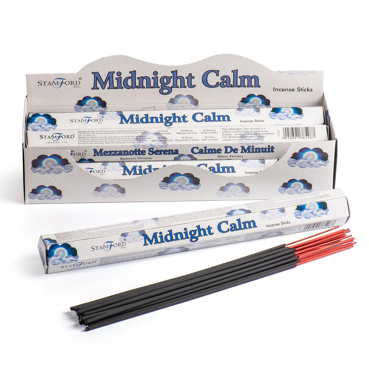 A display box of Midnight Calm incense sits open on a white surface with one pack and several black-and-red incense sticks laid in front, cloudy moon graphics on the packaging Text: Midnight Calm; Incense Sticks; STAMFORD; STAMFORD Inc.; STAMFORD LONDON LTD; Mezzanotte Serena; Calme De Minuit; Bastoncini d'incenso; Bâtons d'encens