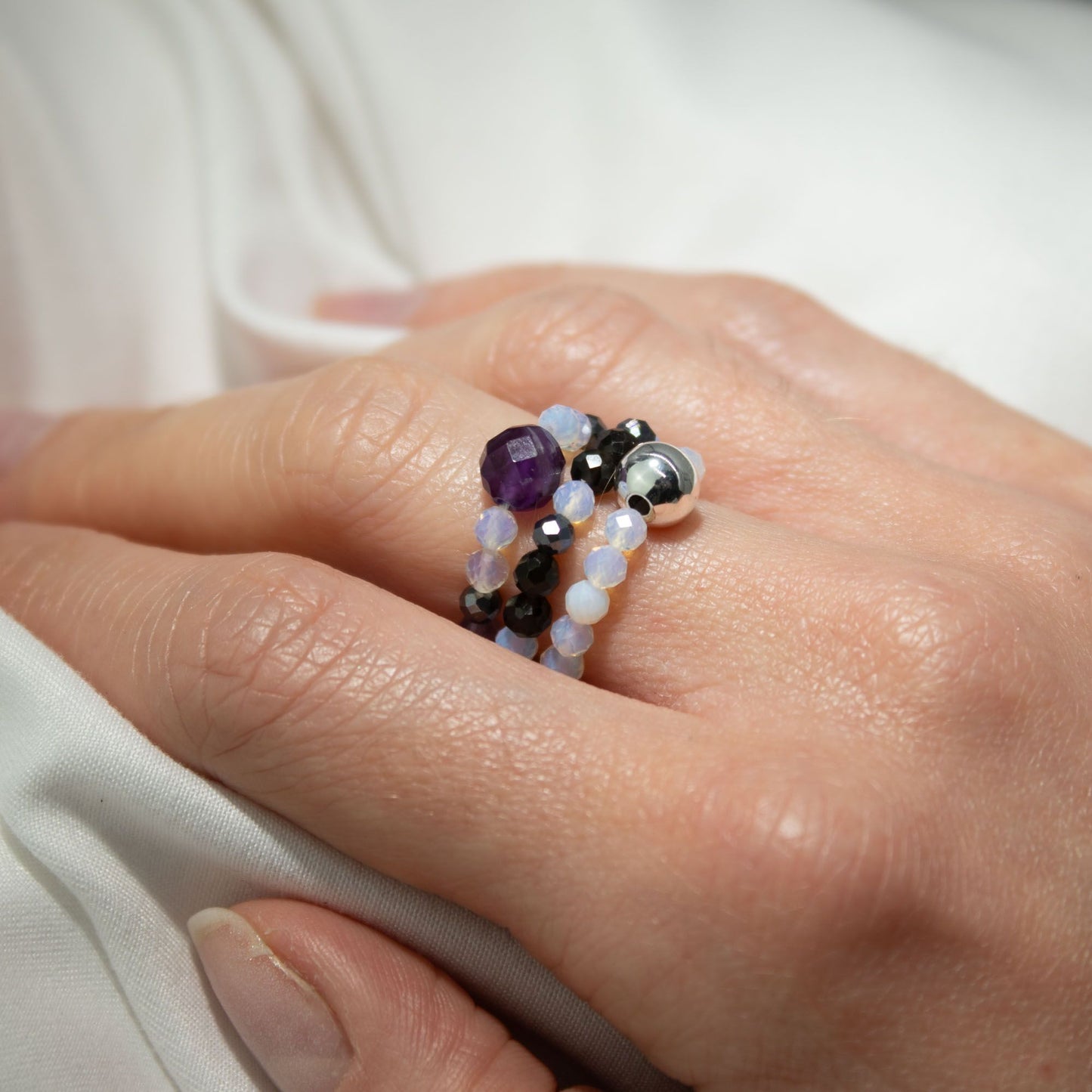 Full Moon gemstone ring set – elasticated moonstone, clear quartz and howlite rings