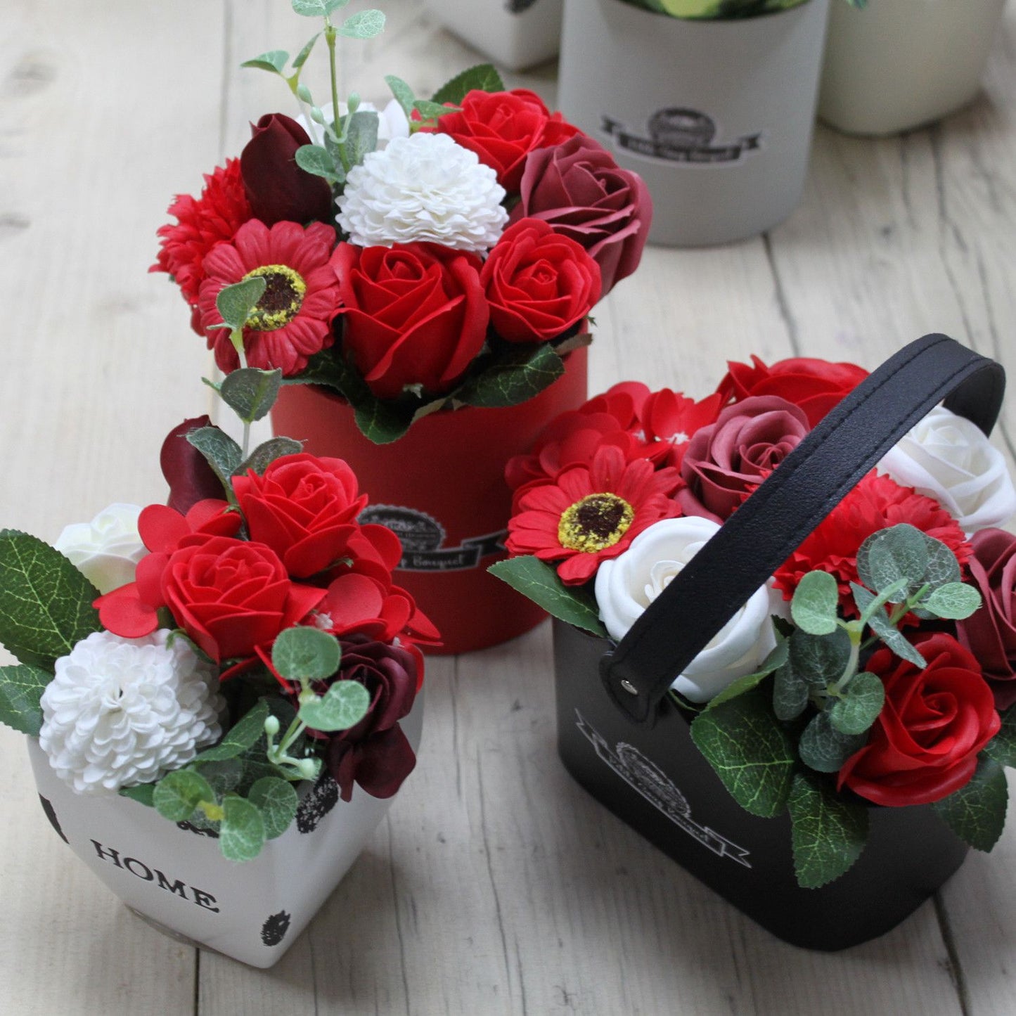 Bouquet Petite Basket — Rich Reds red soap flower bouquet in decorative basket for gifting and bath use