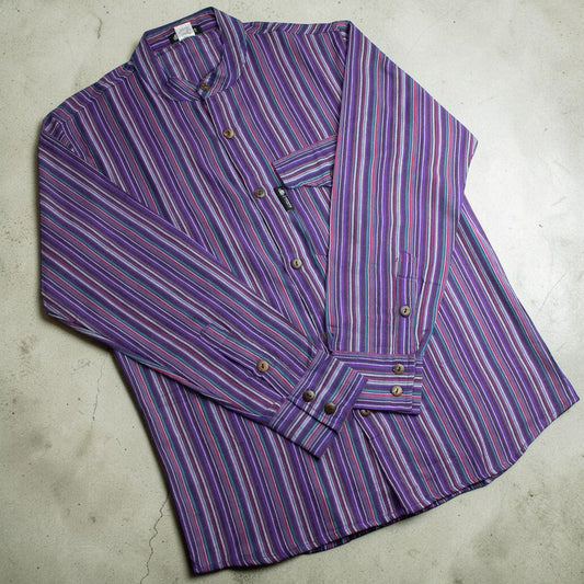 Large black and purple Nomad Sari grandad shirt with long sleeves, collarless neckline and heritage-inspired Nepalese patterning