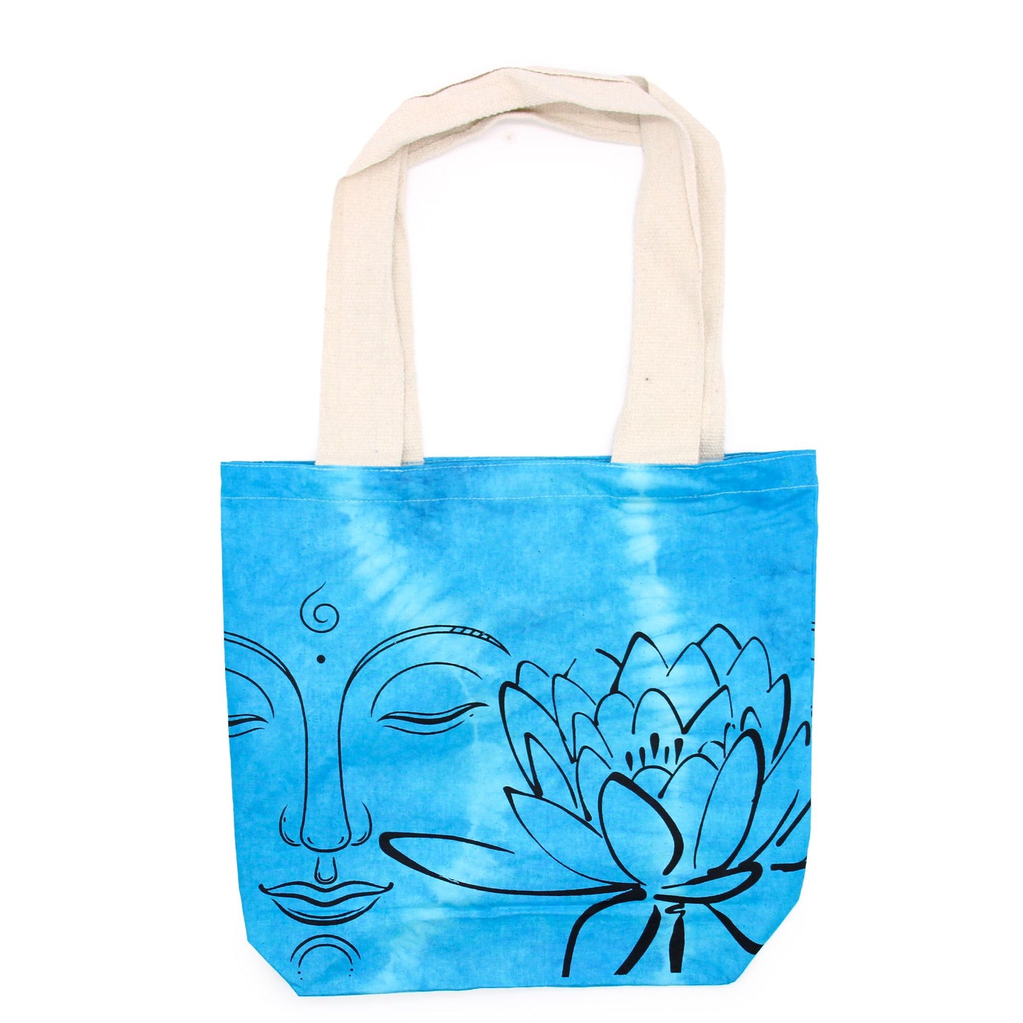 Tye-Dye Cotton Bag - Lotus Buddha - Blue - Natural Handle