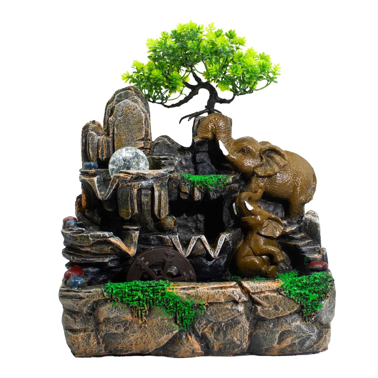 Elephants in Love Tabletop Water Feature with Crystal Ball, Light & Watermill