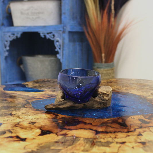 Molten Glass Mini Blue Bowl on Wood