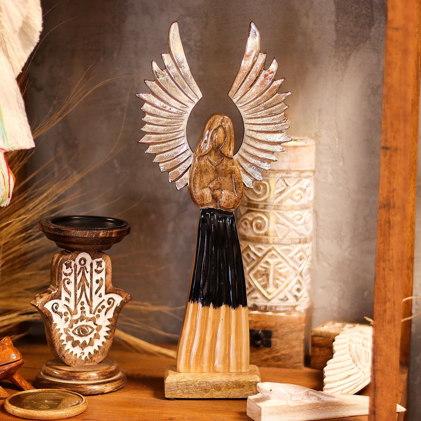 Large Mango Wood Guardian Angel Metal Wings & Enamel Detail