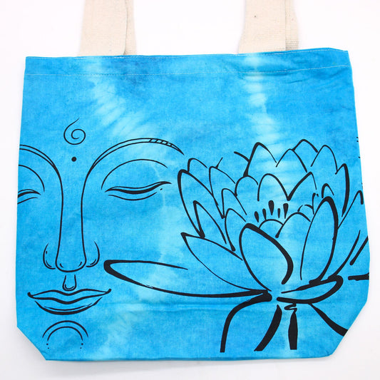 Tye-Dye Cotton Bag - Lotus Buddha - Blue - Natural Handle