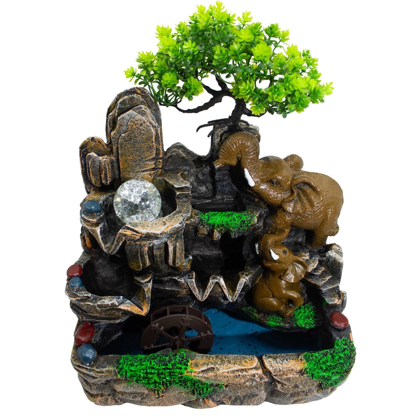 Elephants in love tabletop water feature with crystal ball light and flowing water
