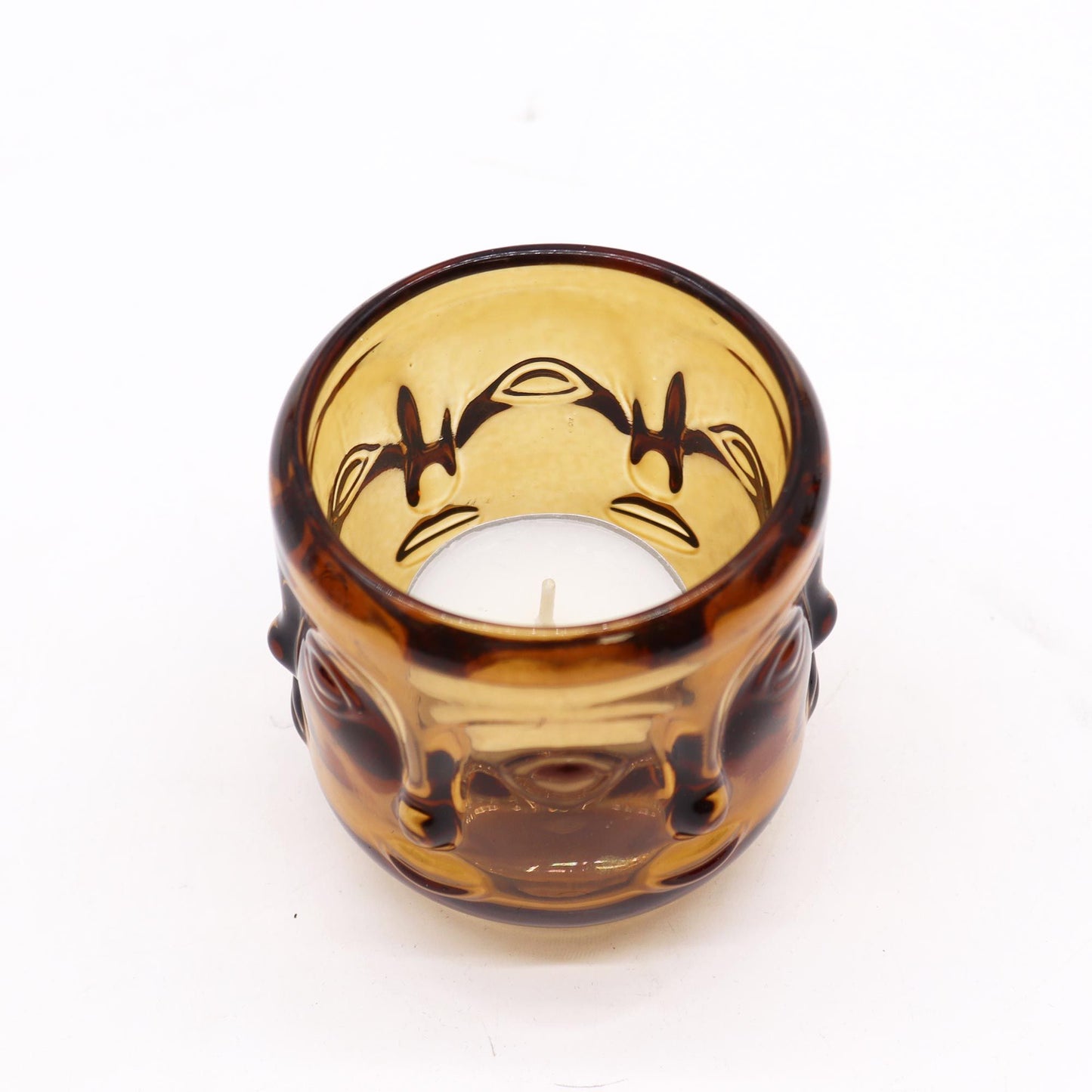 Antique amber pressed glass Buddha Faces candle jar for tealights