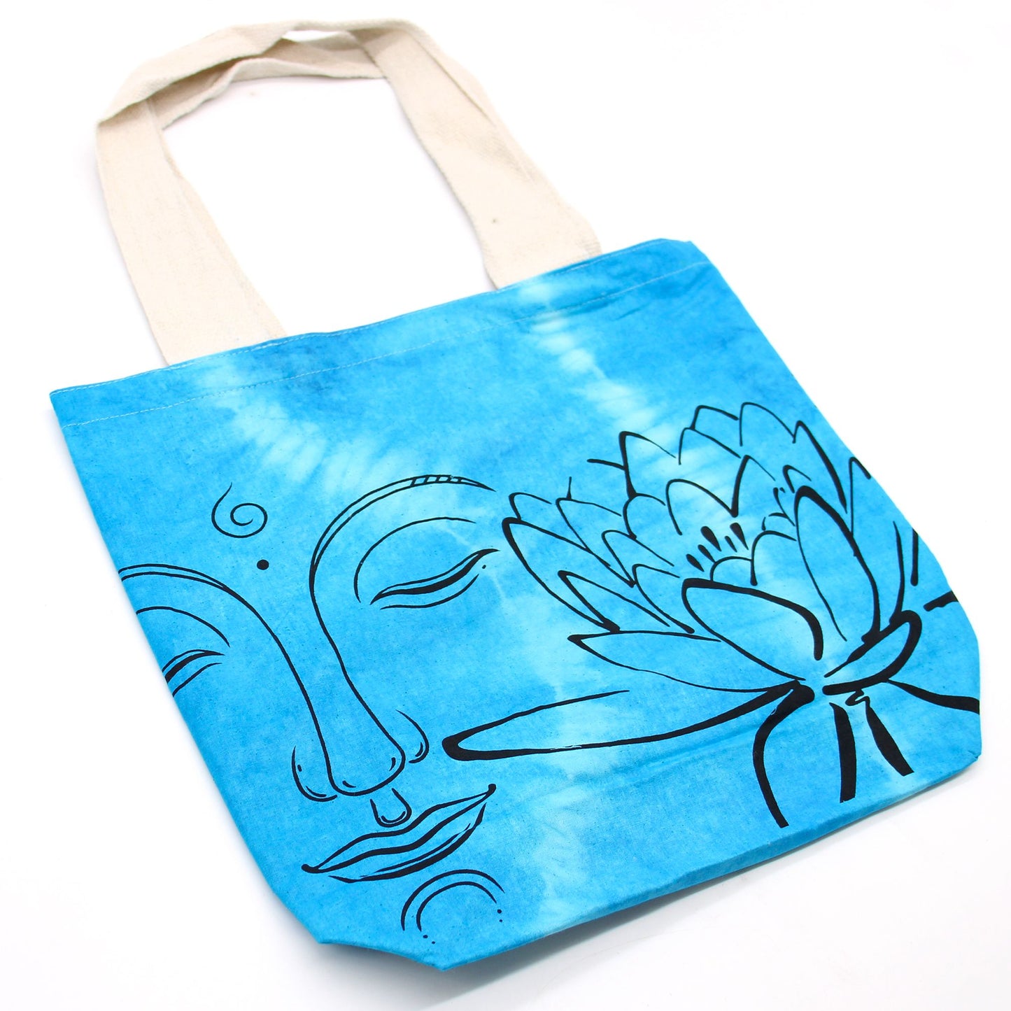 Tye-Dye Cotton Bag - Lotus Buddha - Blue - Natural Handle