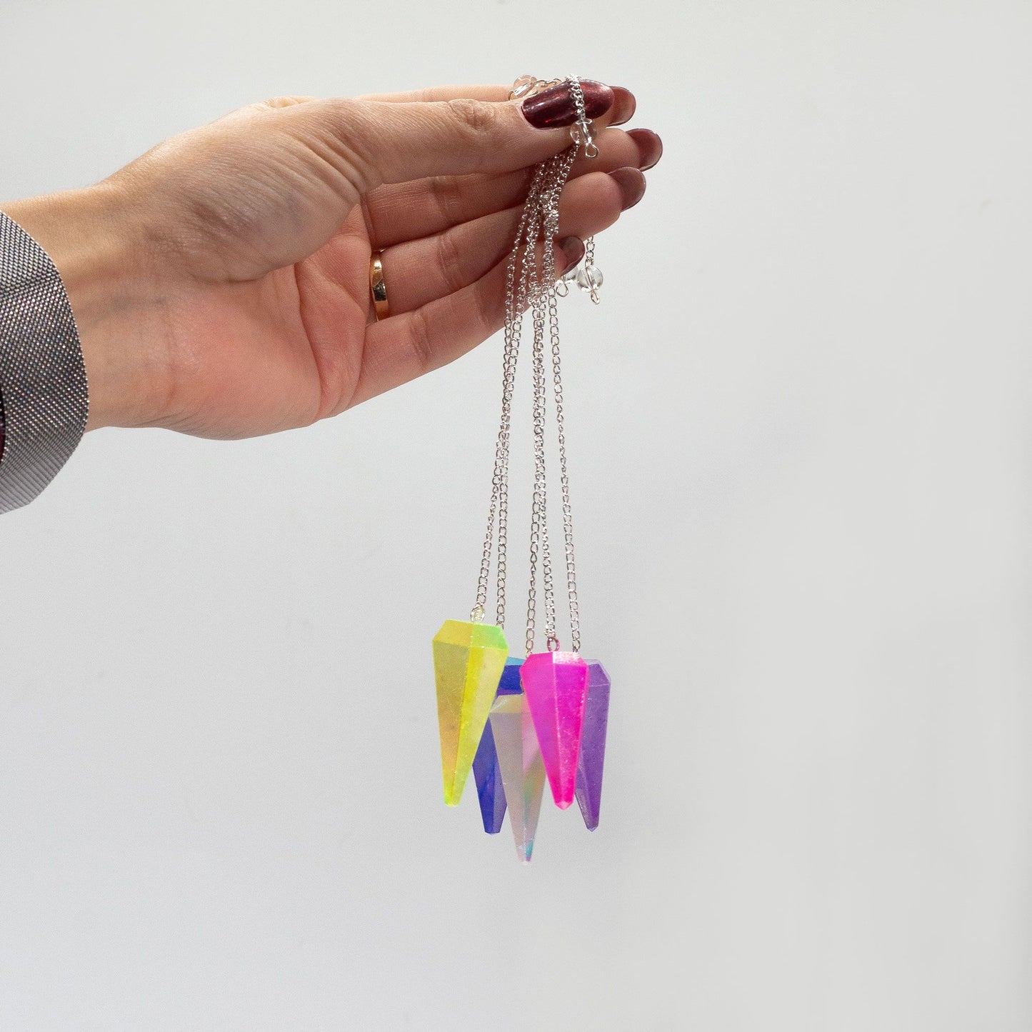 Six Sided Pendulum Aurora Crystal Pink - 4cm pink crystal pendulum with silver chain for divination