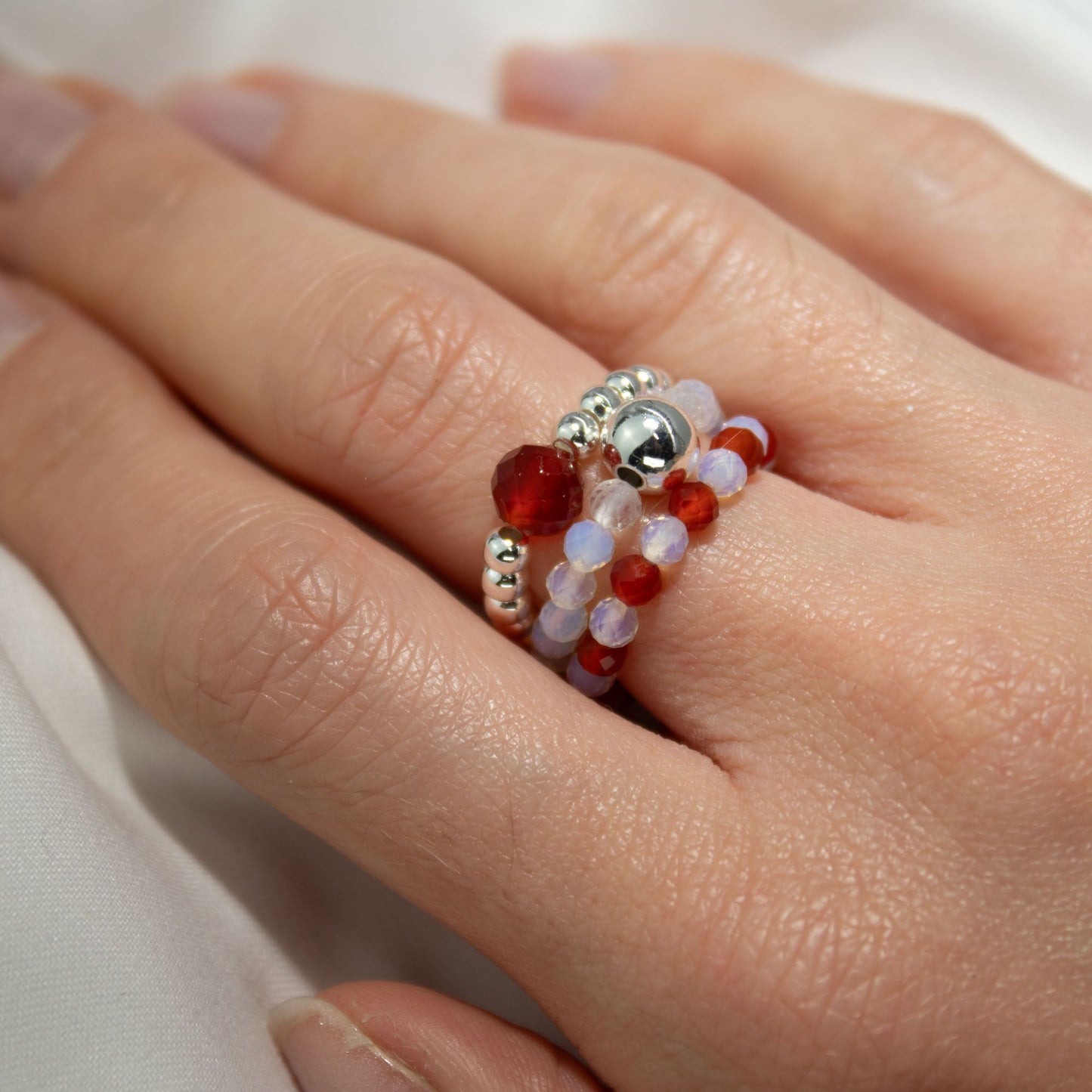 Blood Moon gemstone ring set – jasper, garnet and red agate elasticated rings