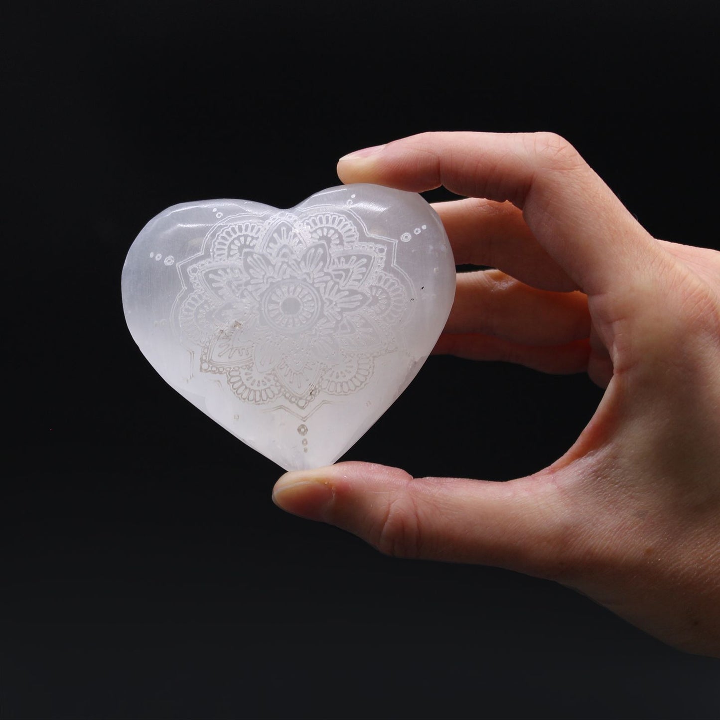 Selenite Heart - Mandala Engraved Medium