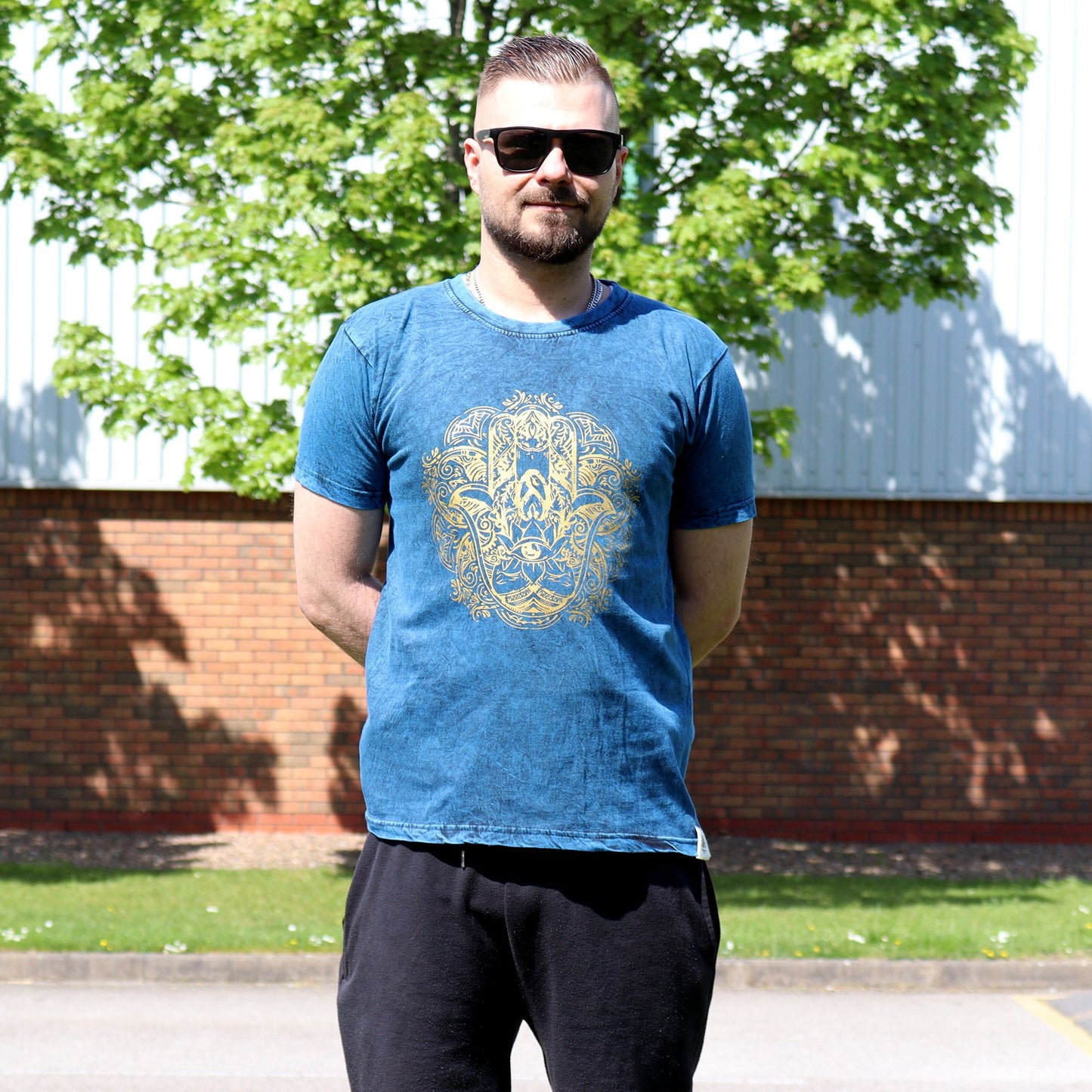 Small stone washed blue Hamsa spiritual t-shirt