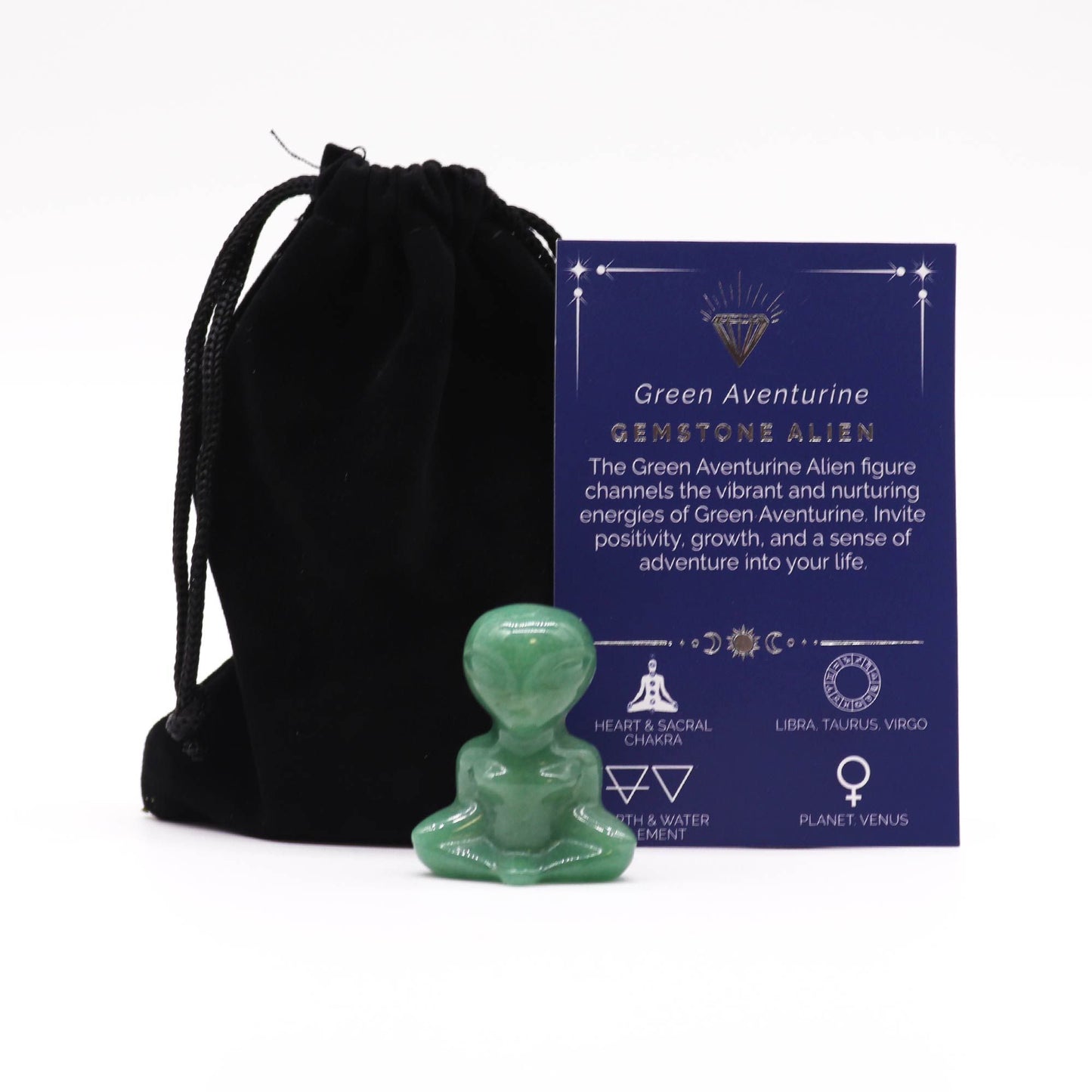 Gemstone Alien – hand-carved green aventurine crystal figure for curiosity, prosperity and décor