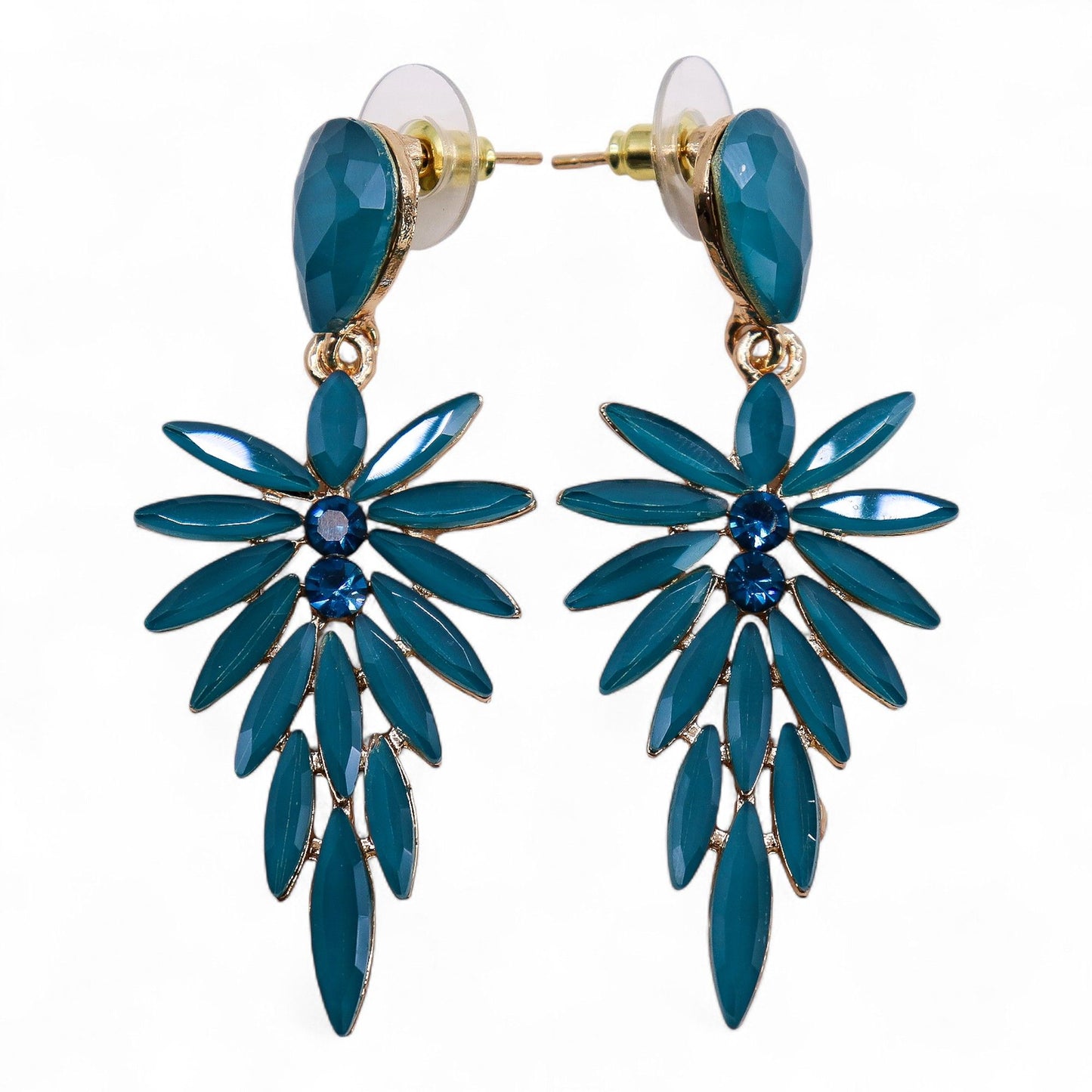 Vintage glass long-drop earrings in teal green, lightweight boho jewellery UK.