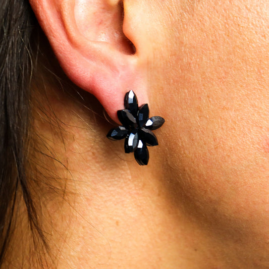 Vintage Glass Earrings Jet Black Flowers