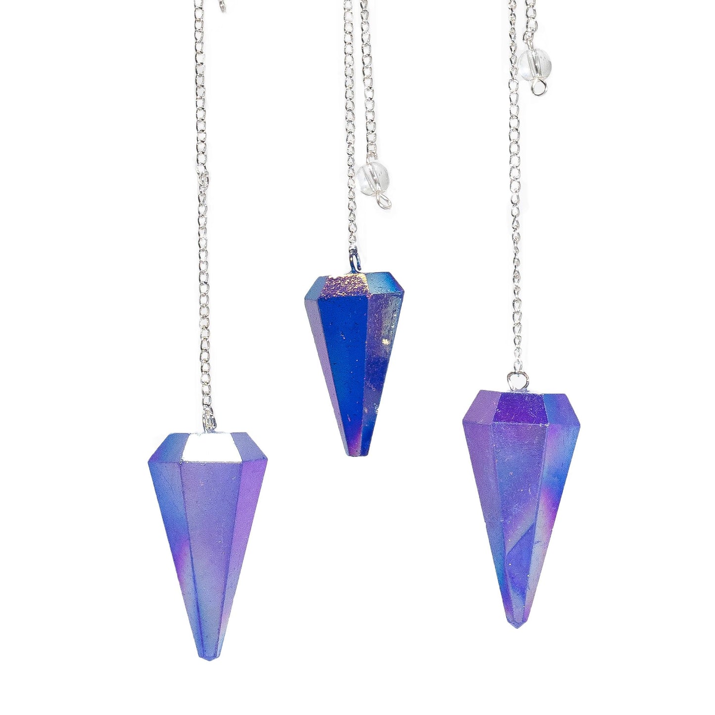 Six Sided Pendulum Aurora Crystal Blue - 4cm blue crystal pendulum with silver chain for divination