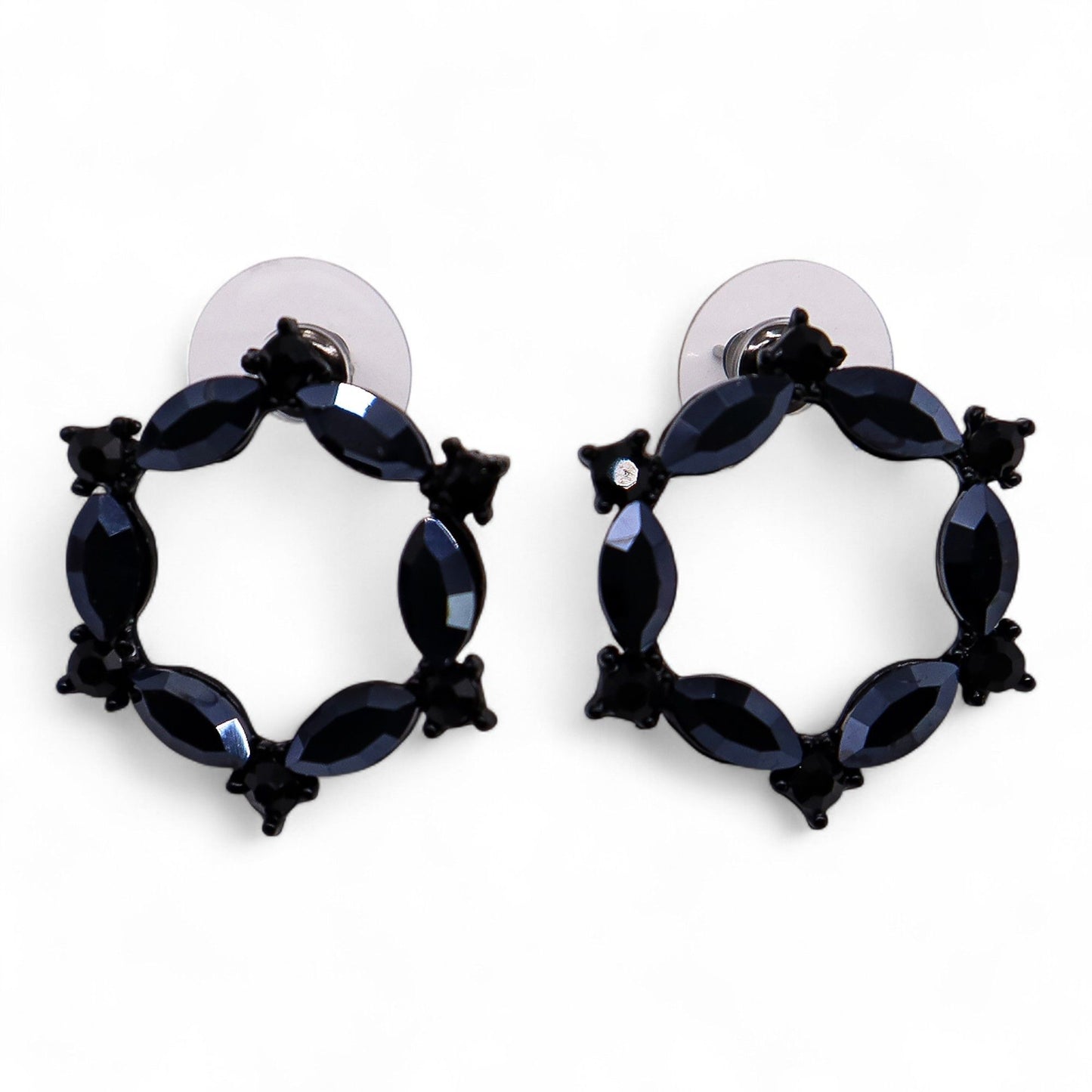 Jet black vintage glass hoop earrings, lightweight boho jewellery UK