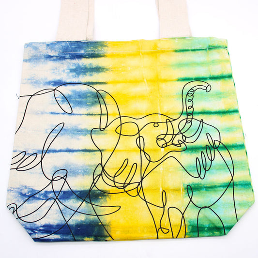 Tye-Dye Cotton Bag - Elephants - Multi - Natural Handle