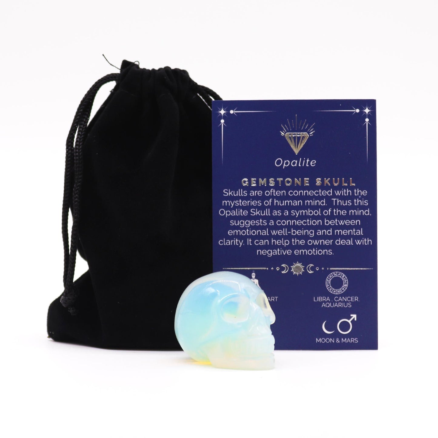 Gemstone Small Skull – hand-carved opalite crystal skull figurine for décor, contemplation and mystical ambience