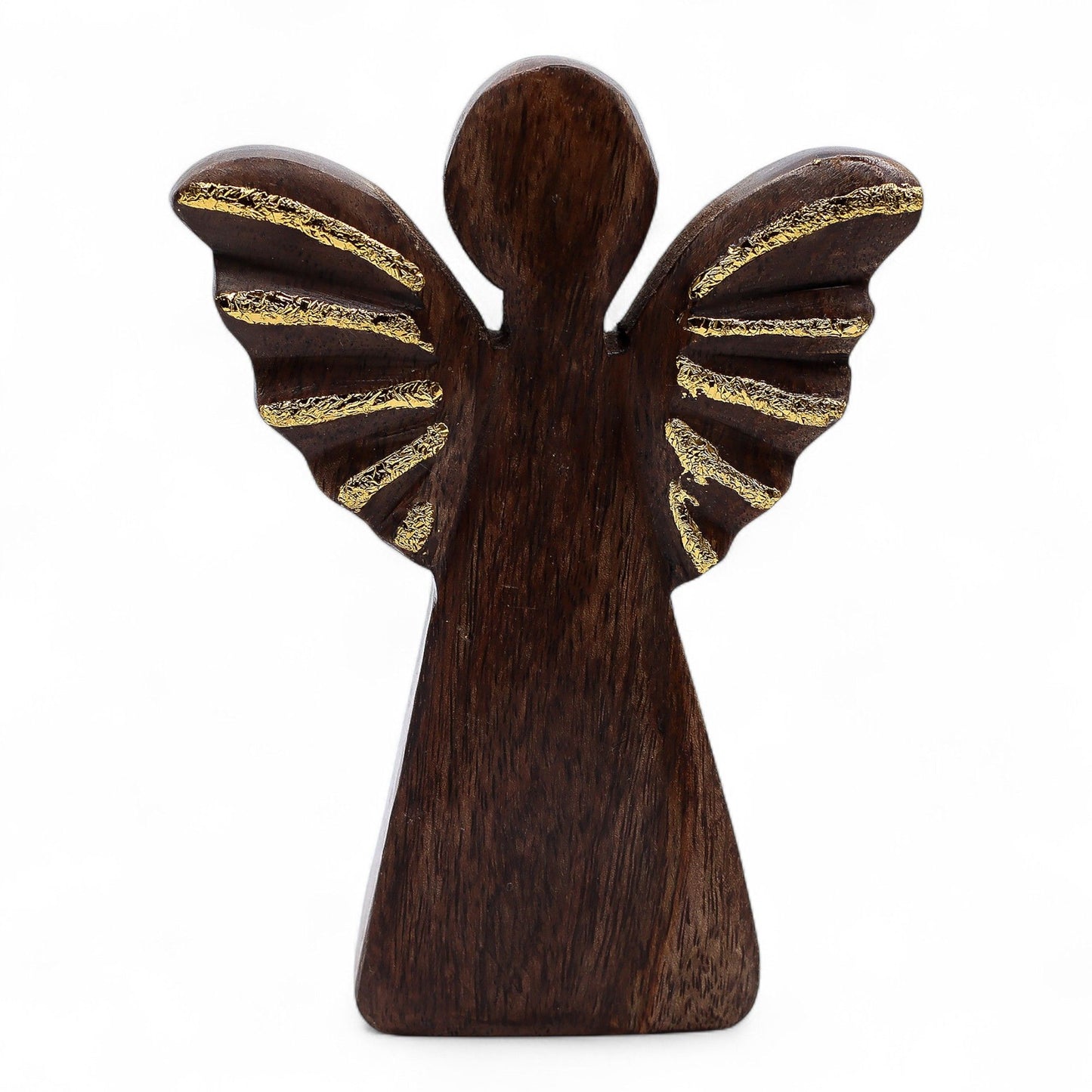 Wooden angel figurine stands upright with carved scalloped wings accented by gold leaf details against a clean white background.