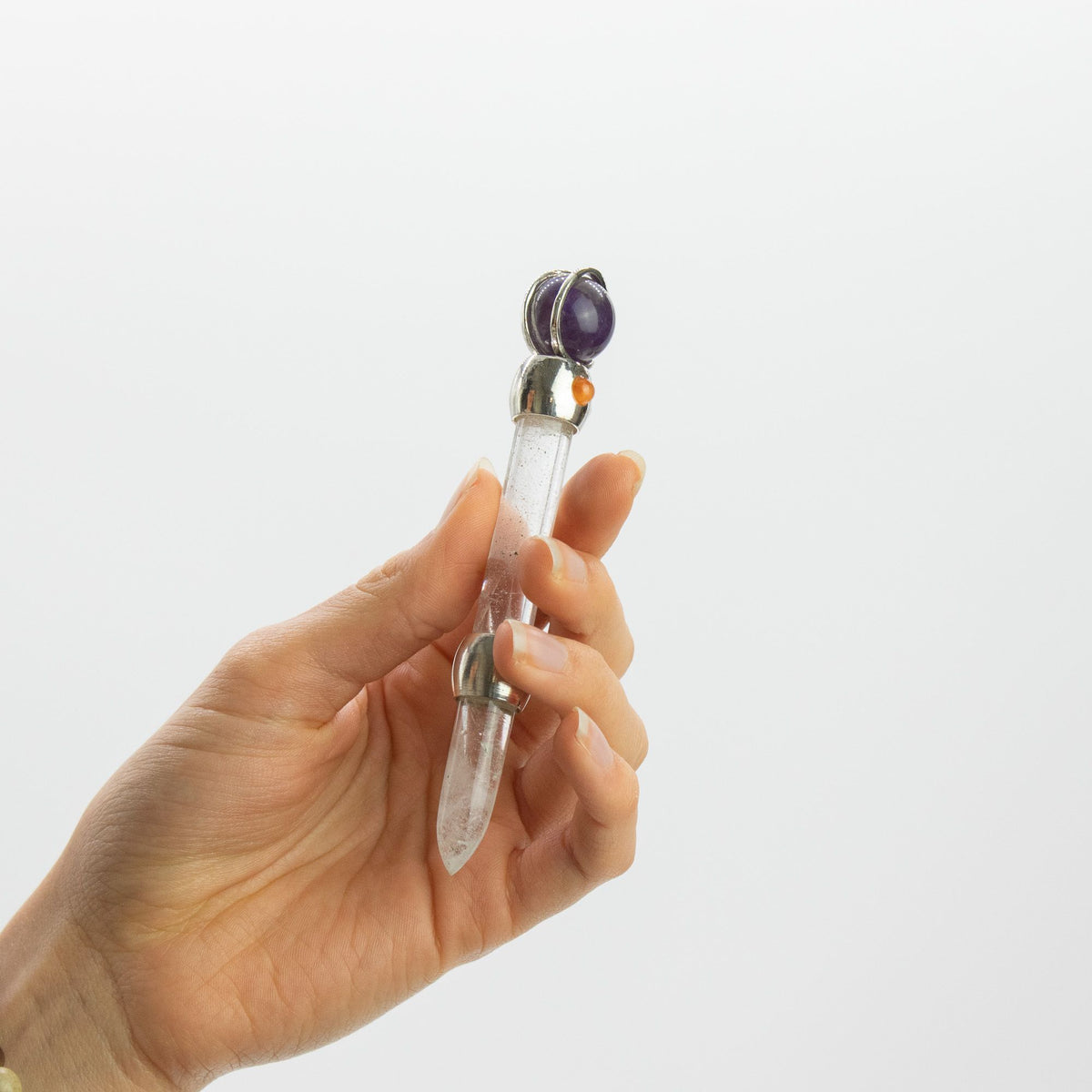Axis of Grace Wand - Amethyst & Rose Quartz Spheres, Quartz Stem - 12cm