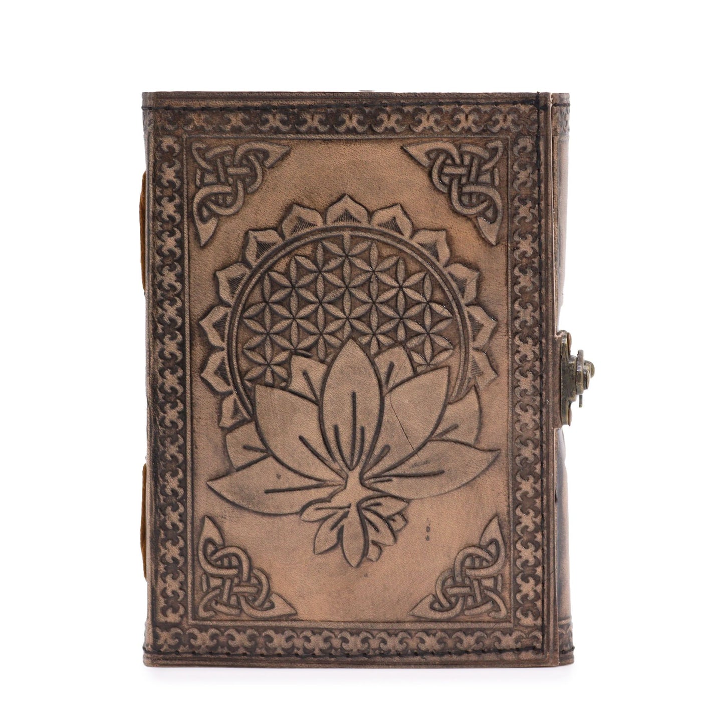 Lotus Mandala Leather Notebook Antique Grey – 200 page stitched journal with embossed mandala design