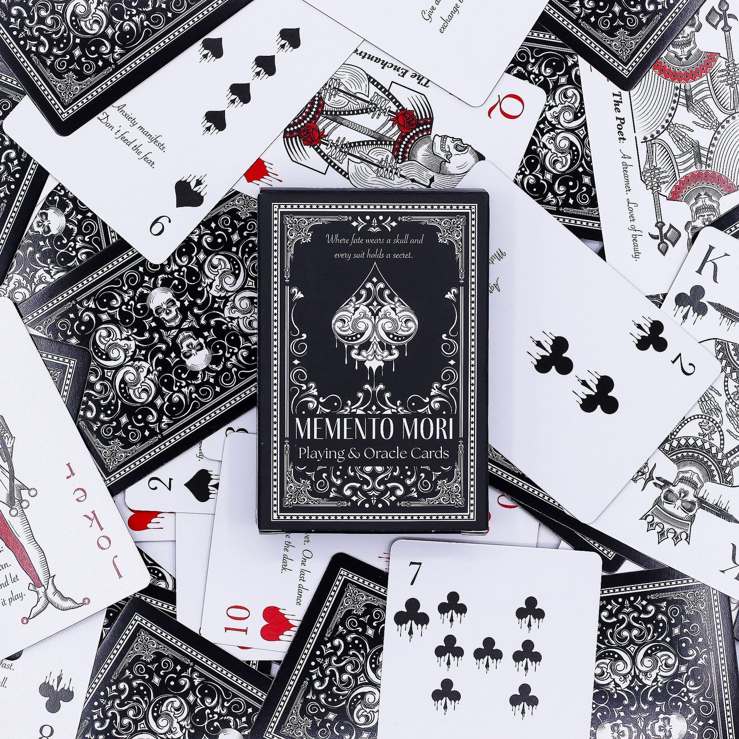 Memento Mori Gothic Playing & Oracle Cards, 54-card deck with skull and skeleton artwork, gothic playing and oracle cards for games or divination.