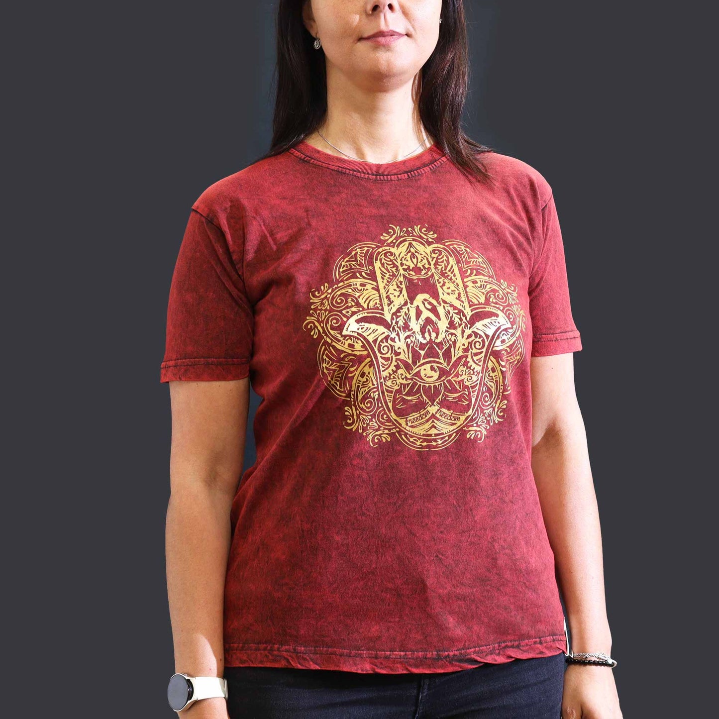 Medium stone washed maroon Hamsa spiritual t-shirt