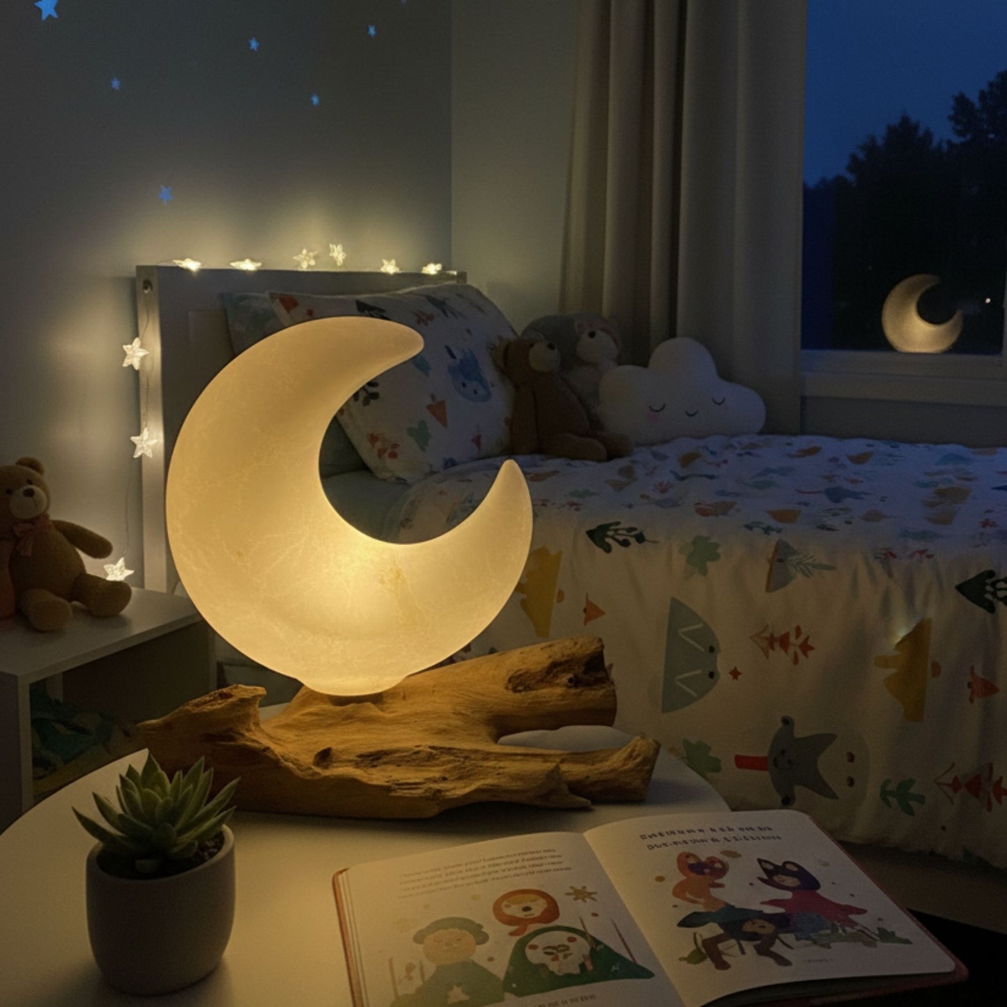 Driftglow Lamp Crackle Half Moon Shade Grey – grey half-moon crackle lamp with natural driftwood base for ambient home lighting UK