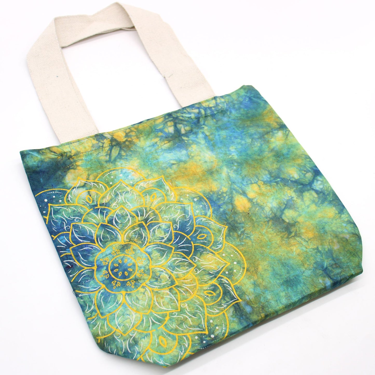Tye-Dye Cotton Bag - Mandela - Green/Blue - Natural Handle