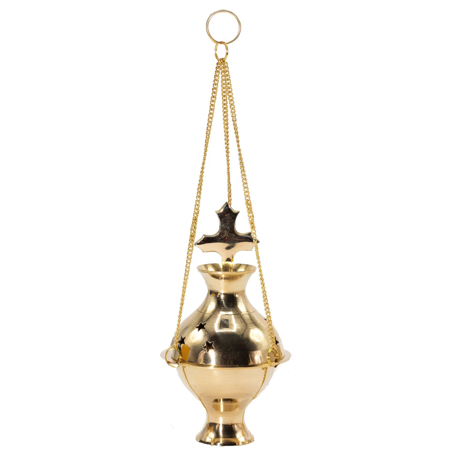 Handcrafted hanging brass incense burner with Cross design for resin incense and charcoal burning.