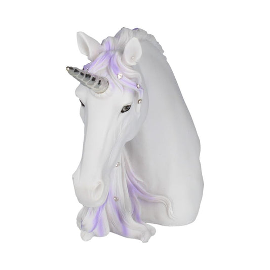 A white, stylized unicorn bust sculpture gazes downward, adorned with a silver horn, purple streaks in its mane, and small, clear gemstones, all against a solid white background.