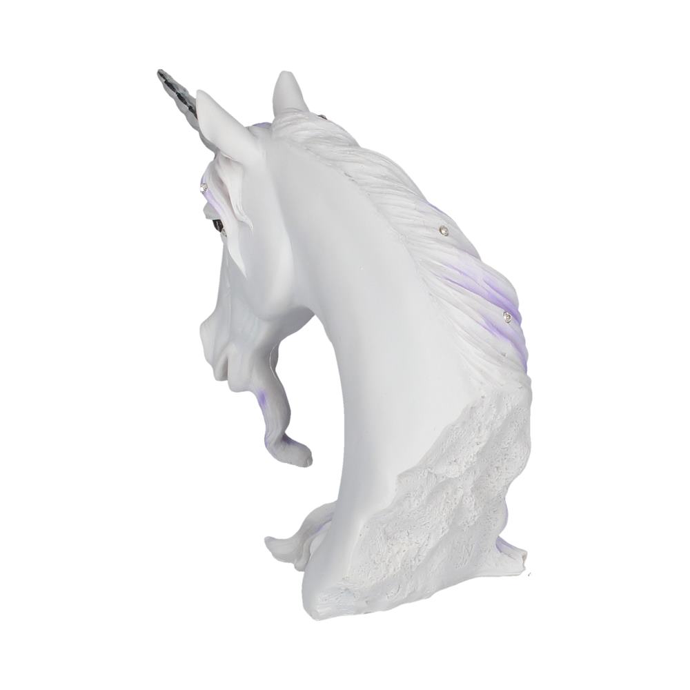 A white unicorn bust with a gray horn is on a solid white background. The unicorn has a purple stripe in its mane and small crystals scattered throughout.