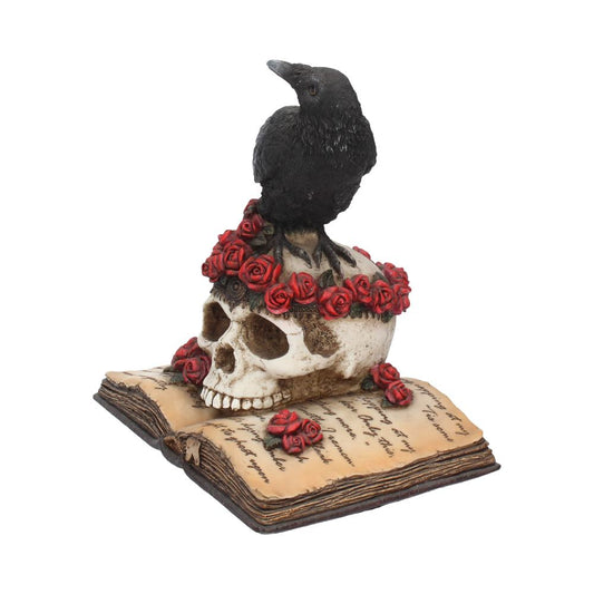 A skull, crowned with red roses, has a crow perched on top, all atop an open book. Text on the book includes: "Hopping at my" "Tis some", "Loos Only this", "thing mora.", "Alu Tremст-", "dying onber", "At it's ghost noon".