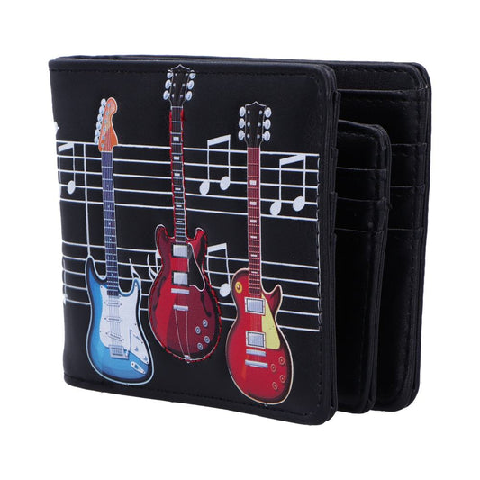 A black wallet features three colorful electric guitars, standing upright against a backdrop of musical notes. The wallet is open slightly, displaying multiple compartments.