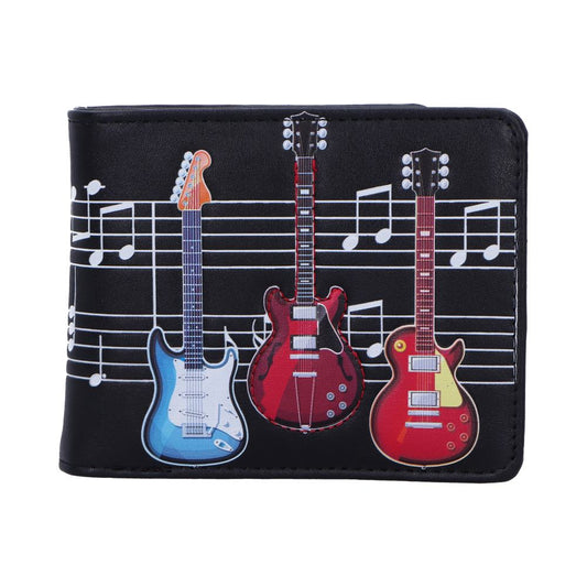 A wallet displays three colorful electric guitars against a musical notes background, creating a vibrant, music-themed design.