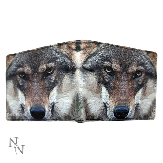 A bifold wallet, featuring a mirrored image of a wolf's face, is displayed against a white background. The word "SWOLF" is partially visible on the wallet's edge.