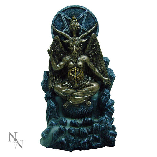 A bronze-colored figure with goat features sits cross-legged on a blue rocky throne, surrounded by a pentagram. It has wings, a torch on its head, and intricate symbols on its chest.