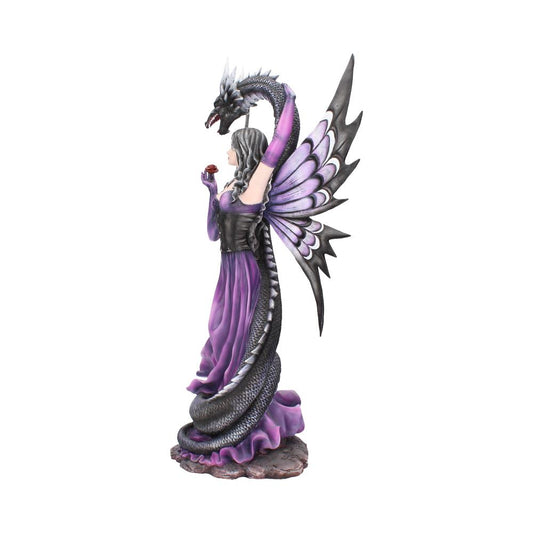 A fairy with large purple wings holds a small orb, standing beside a black dragon with an arched neck. Both are on a textured rock base, against a plain background.