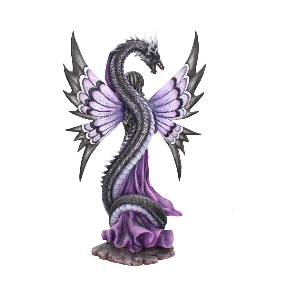 A black dragon wraps around a figure in a purple dress, with wings extended, standing on a rocky base. The dragon's scales and wings are intricately detailed.