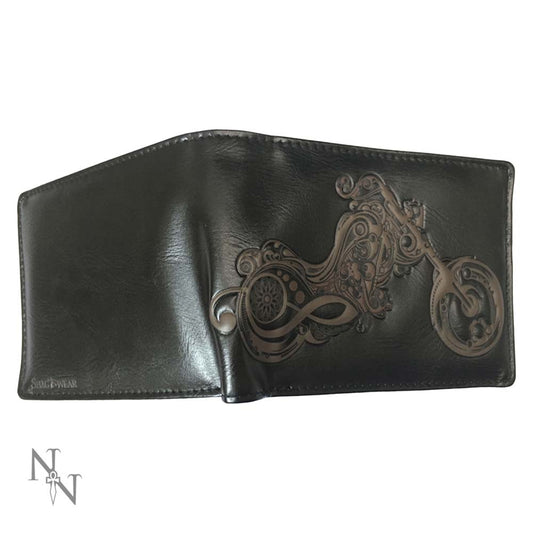 A black leather wallet rests open, displaying an embossed design of a stylized motorcycle. The brand "SHOGWEAR" is subtly imprinted. A logo is present on the lower left.
