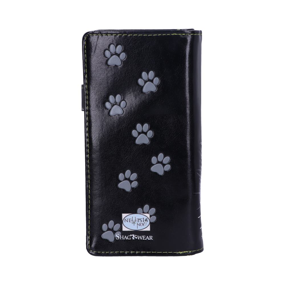 A black, billfold wallet displays gray paw prints vertically scattered across its surface. At the bottom, the wallet reads "NEMESIS NOW SHAGWEAR" against a white backdrop. The wallet is on a white surface.