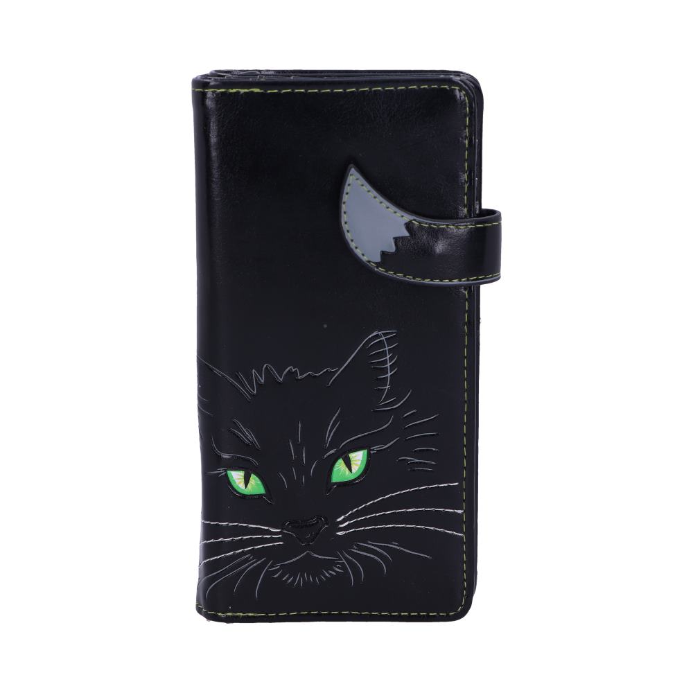 A black wallet with a cat’s face on it, has a strap closure with a cat tail on the end, and is laying on a white background.