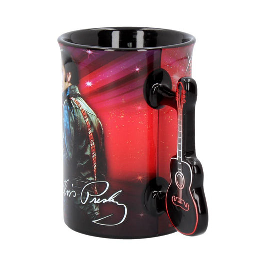 Mug features a guitar-shaped handle, displaying a person in a leather jacket against a red, starry background. The signature reads "Elvis Presley" at the bottom.