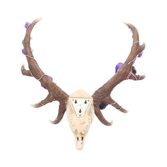 Deer skull mounted on the wall, with antlers adorned in purple flowers and white string. Metal plate on the skull reads “/No 3”. White background emphasizes the decorative display.