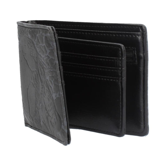A black leather wallet stands open, revealing several card slots. The exterior features an embossed design, suggesting a textured surface, set against a plain, white background.